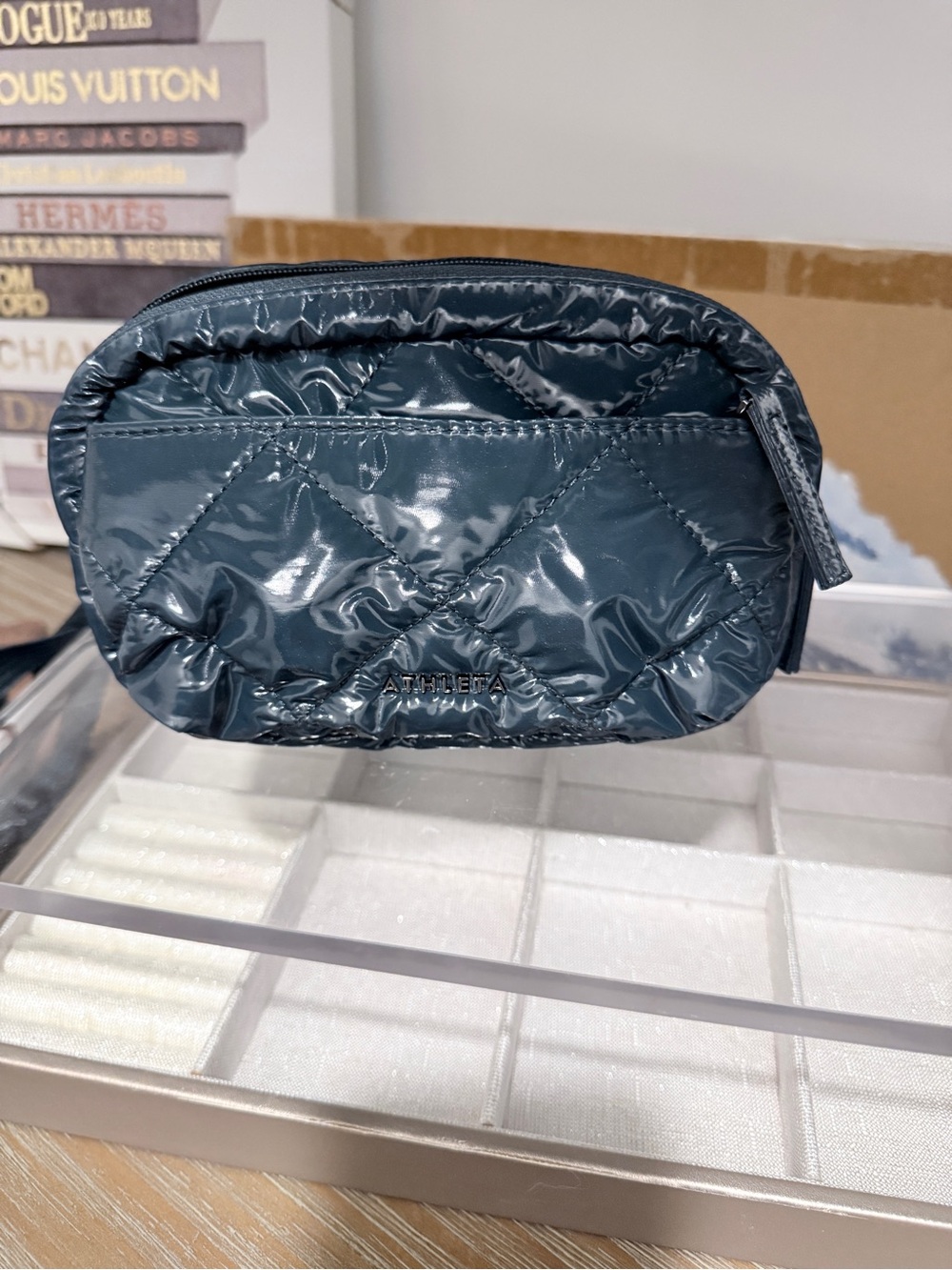 Athleta Glossy Quilted Teal Crossbody Bag with Black Strap - Picture 3 of 3